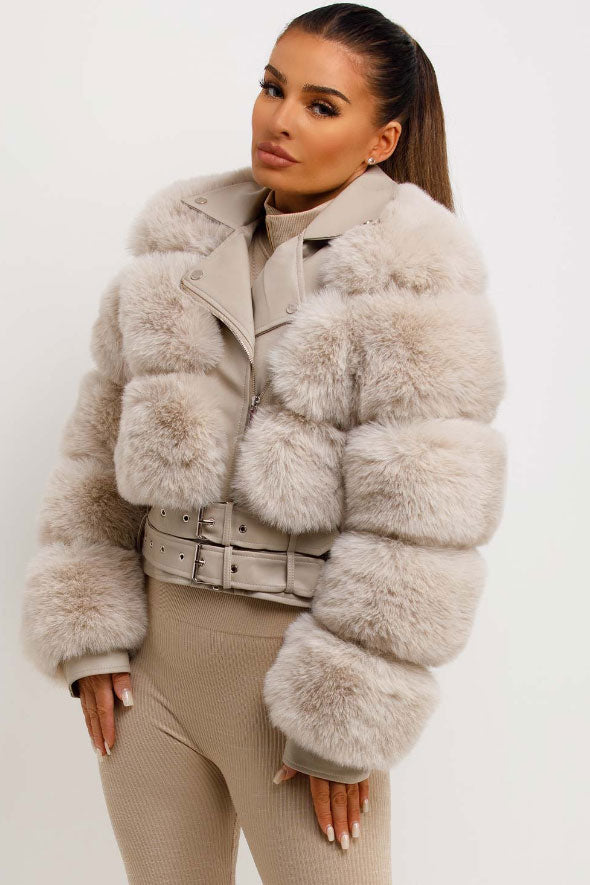 Faux Fur Faux Leather Aviator Jacket With Belt Beige