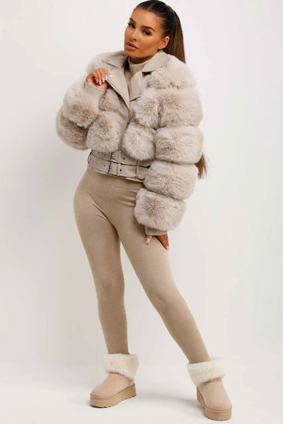 Faux Fur Faux Leather Aviator Jacket With Belt Beige