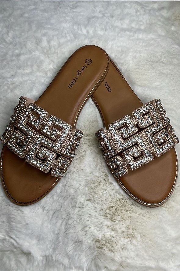 G repeat Diamante Embellished sliders Gold