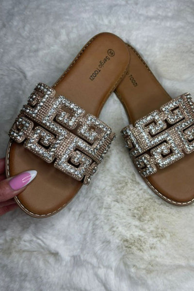 G repeat Diamante Embellished sliders Gold