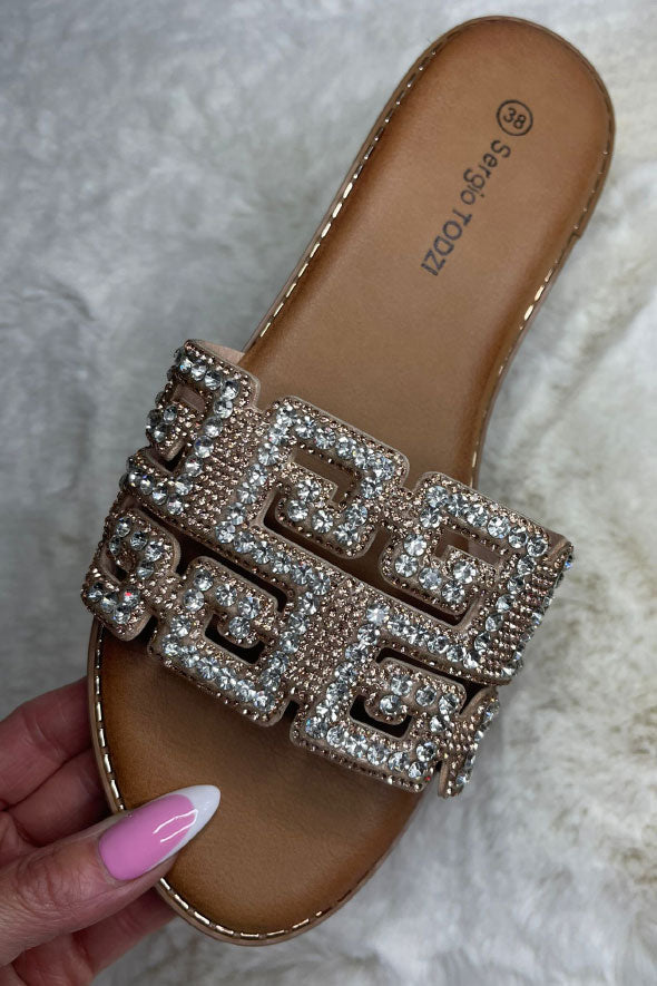 G repeat Diamante Embellished sliders Gold