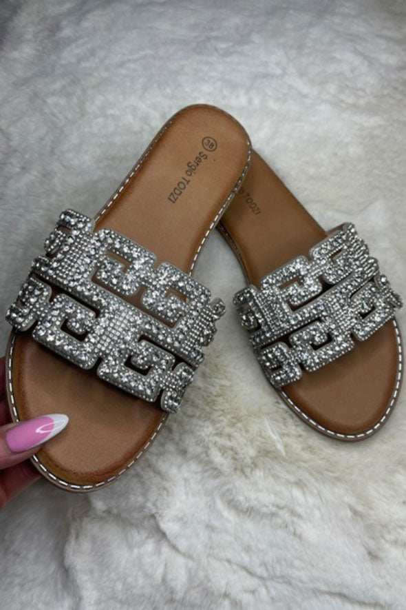 G repeat Diamante Embellished sliders Silver