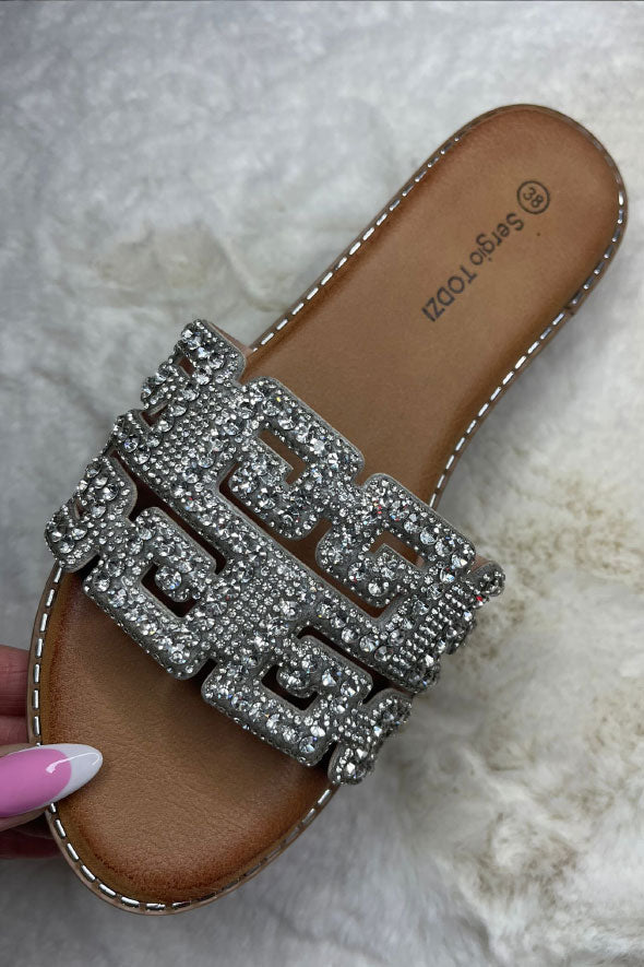 G repeat Diamante Embellished sliders Silver