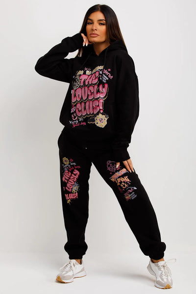 Tracksuit Hoodie Joggers Set With Graphic Print Black