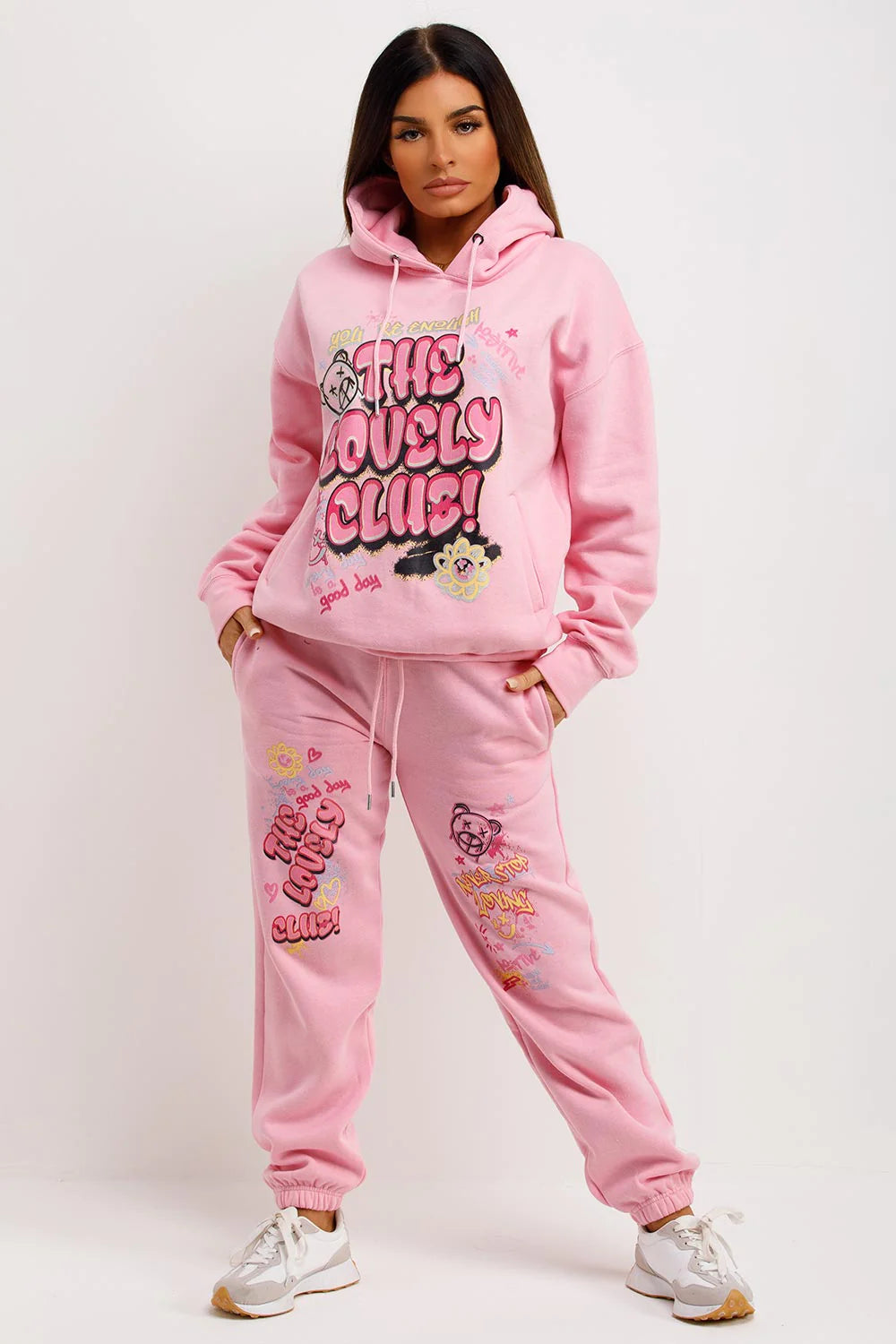 Tracksuit Hoodie Joggers Set With Graphic Print Pink