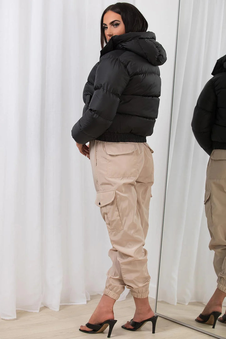 Black hooded cropped puffer jacket online