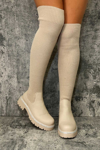 Over The Knee Sock Boots Beige