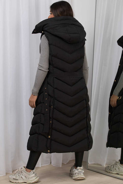 Long Gilet With Belt And Hood Black