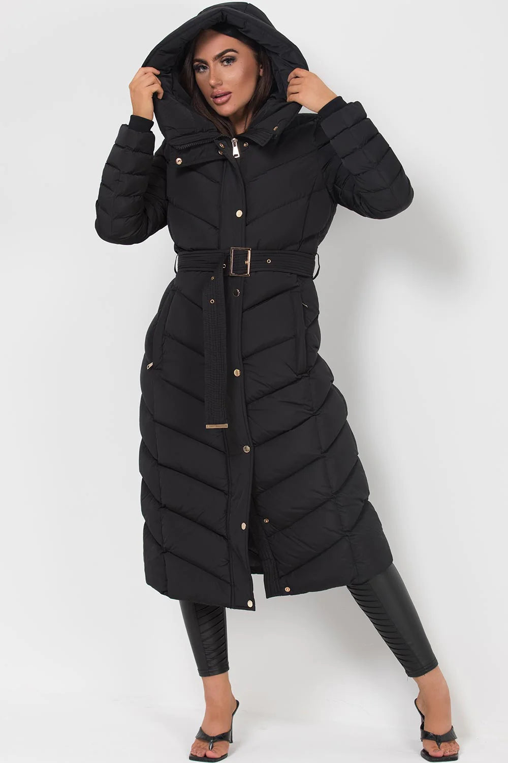 Long Puffer Down Coat With Belt Black Looking Good Boutique