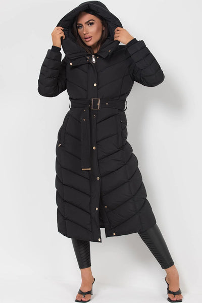 Long Puffer Down Coat With Belt Black