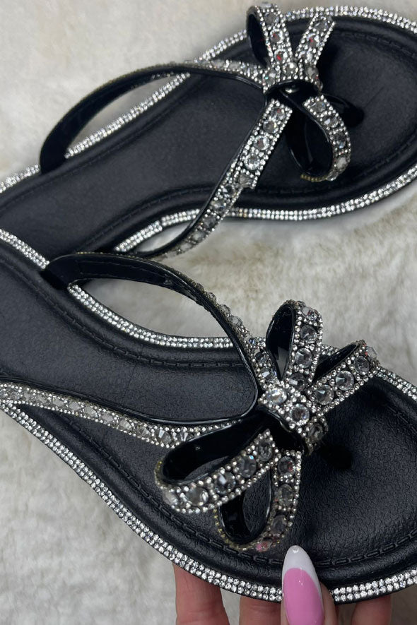 Diamante Detail Bow Flip Flop in Black