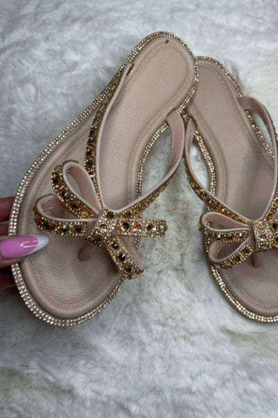 Diamante Detail Bow Flip Flop in Gold