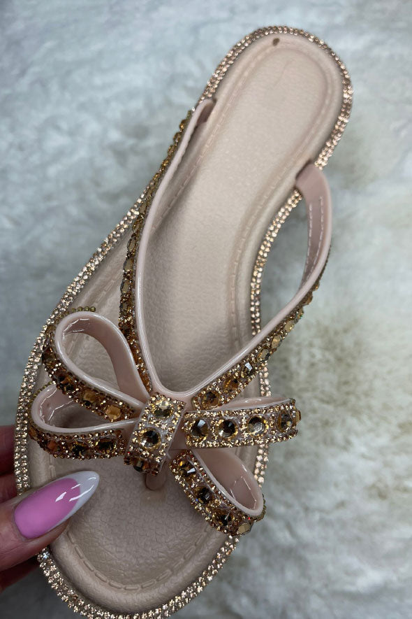 Diamante Detail Bow Flip Flop in Gold