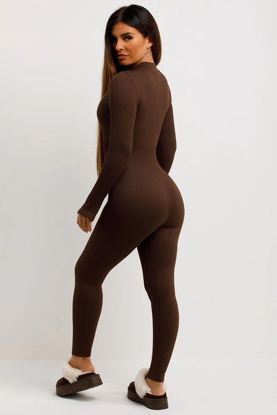 Seamless Ribbed Jumpsuit Structured Contour Unitard With Zip Front Brown