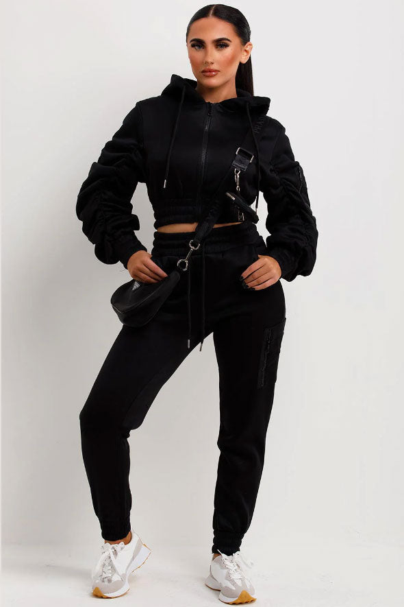 Ruched Sleeve Hoodie And Joggers Loungewear Set Black