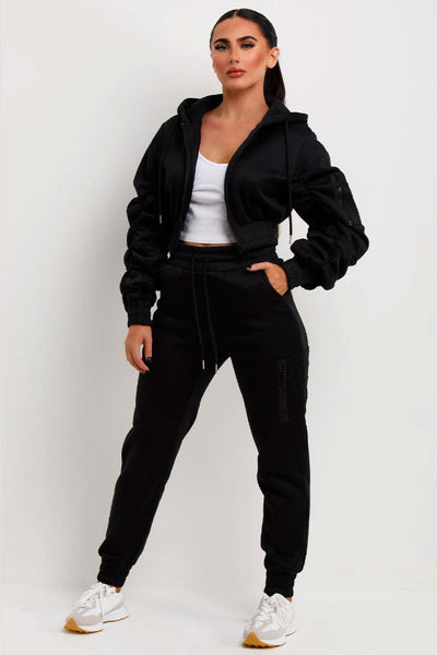 Ruched Sleeve Hoodie And Joggers Loungewear Set Black