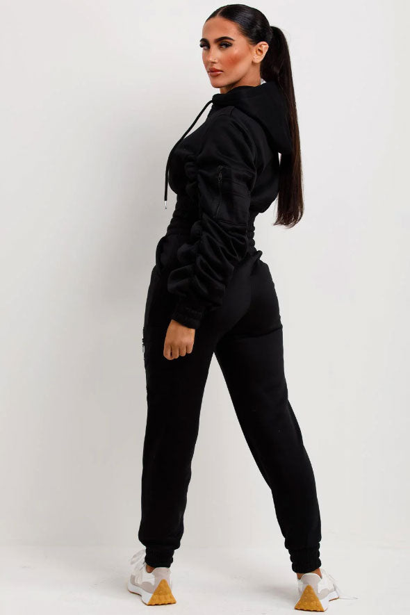 Ruched Sleeve Hoodie And Joggers Loungewear Set Black