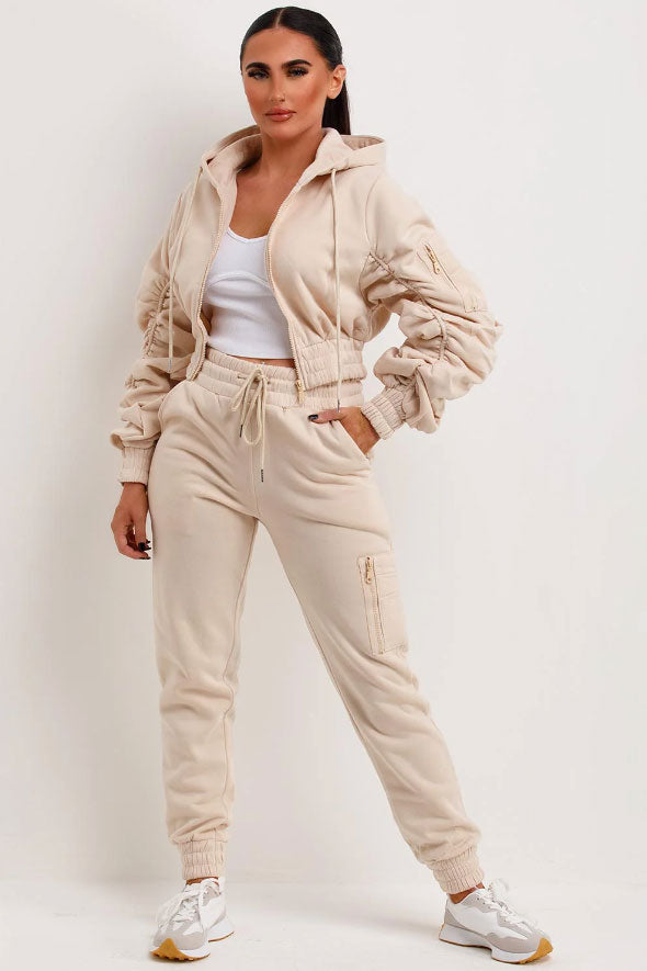 Ruched Sleeve Hoodie And Joggers Loungewear Set Beige