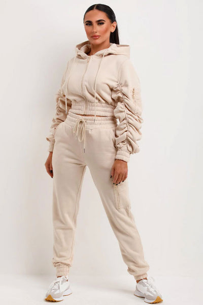 Ruched Sleeve Hoodie And Joggers Loungewear Set Beige