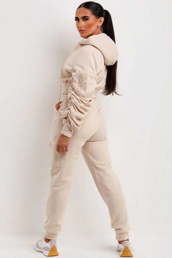 Ruched Sleeve Hoodie And Joggers Loungewear Set Beige