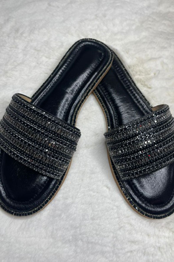 Diamante Embellished Strap Sliders in Black