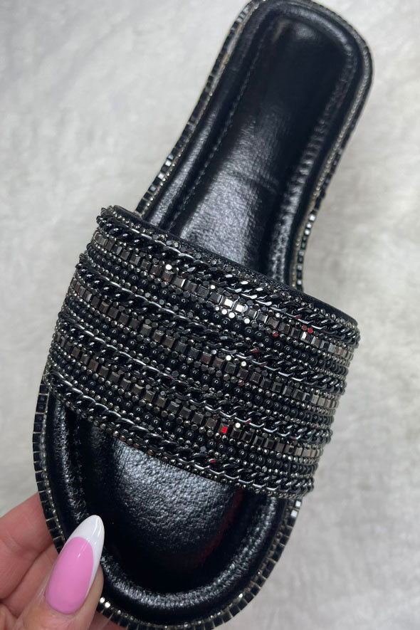 Diamante Embellished Strap Sliders in Black