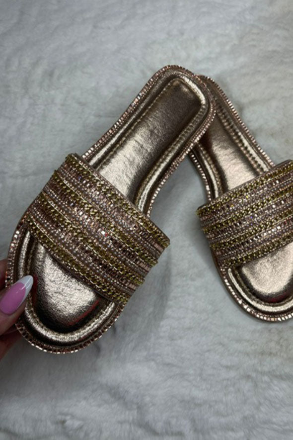 Diamante Embellished Strap Sliders in Gold