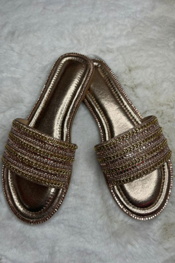 Diamante Embellished Strap Sliders in Gold