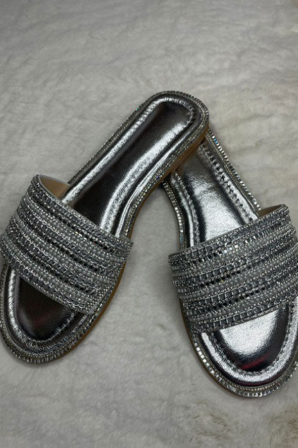 Diamante Embellished Strap Sliders in Silver