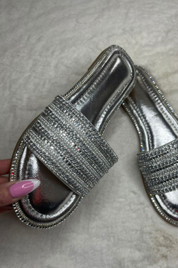 Diamante Embellished Strap Sliders in Silver