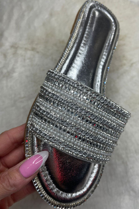 Diamante Embellished Strap Sliders in Silver