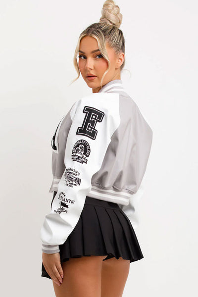 Varsity Bomber Faux Leather Jacket With Letter Detail Grey