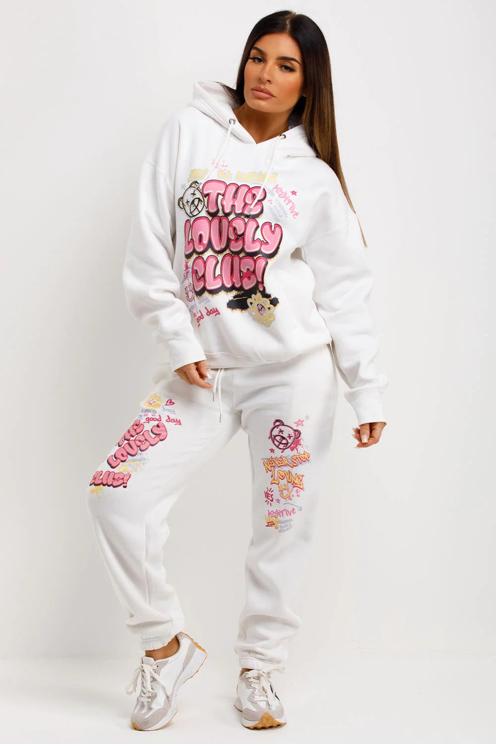 Tracksuit Hoodie Joggers Set With Graphic Print White