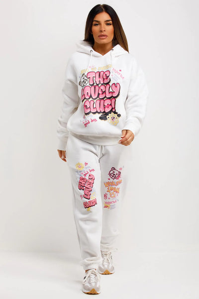 Tracksuit Hoodie Joggers Set With Graphic Print White