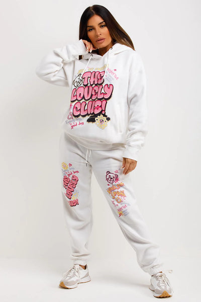 Tracksuit Hoodie Joggers Set With Graphic Print White