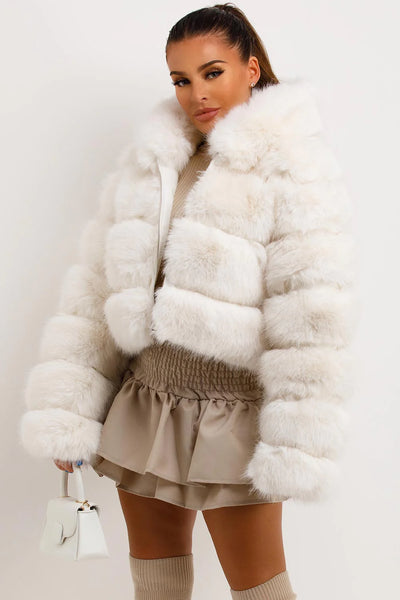 White Faux Fur Coat With Hood