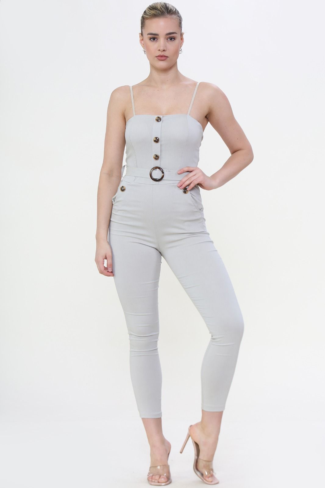 light grey spaghetti strap button jumpsuit