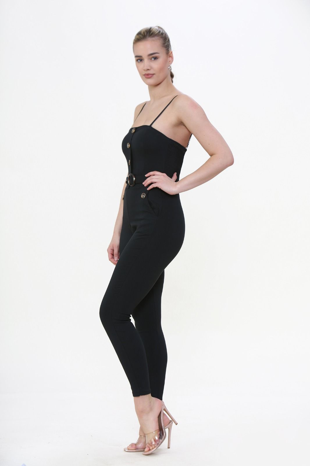 black spaghetti strap button jumpsuit