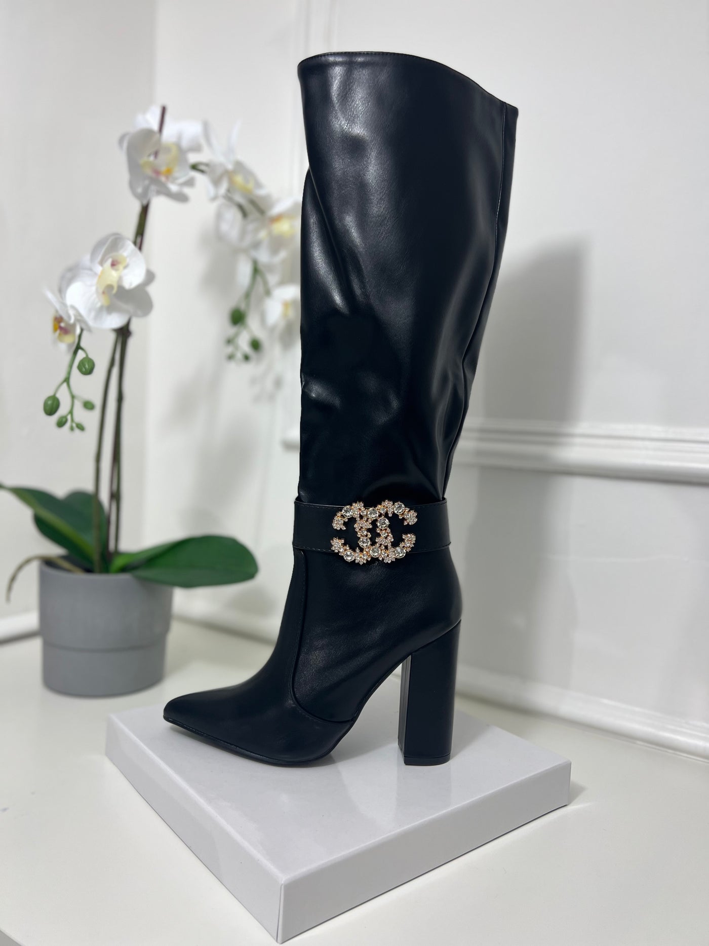 Leather look detachable anklet knee high boot