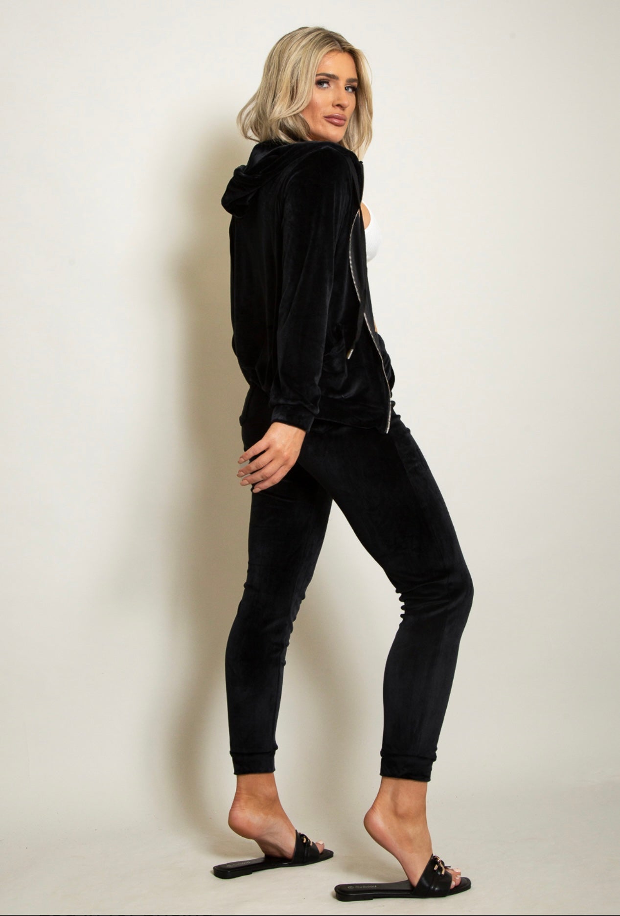 Black velvet zip up lounge wear set