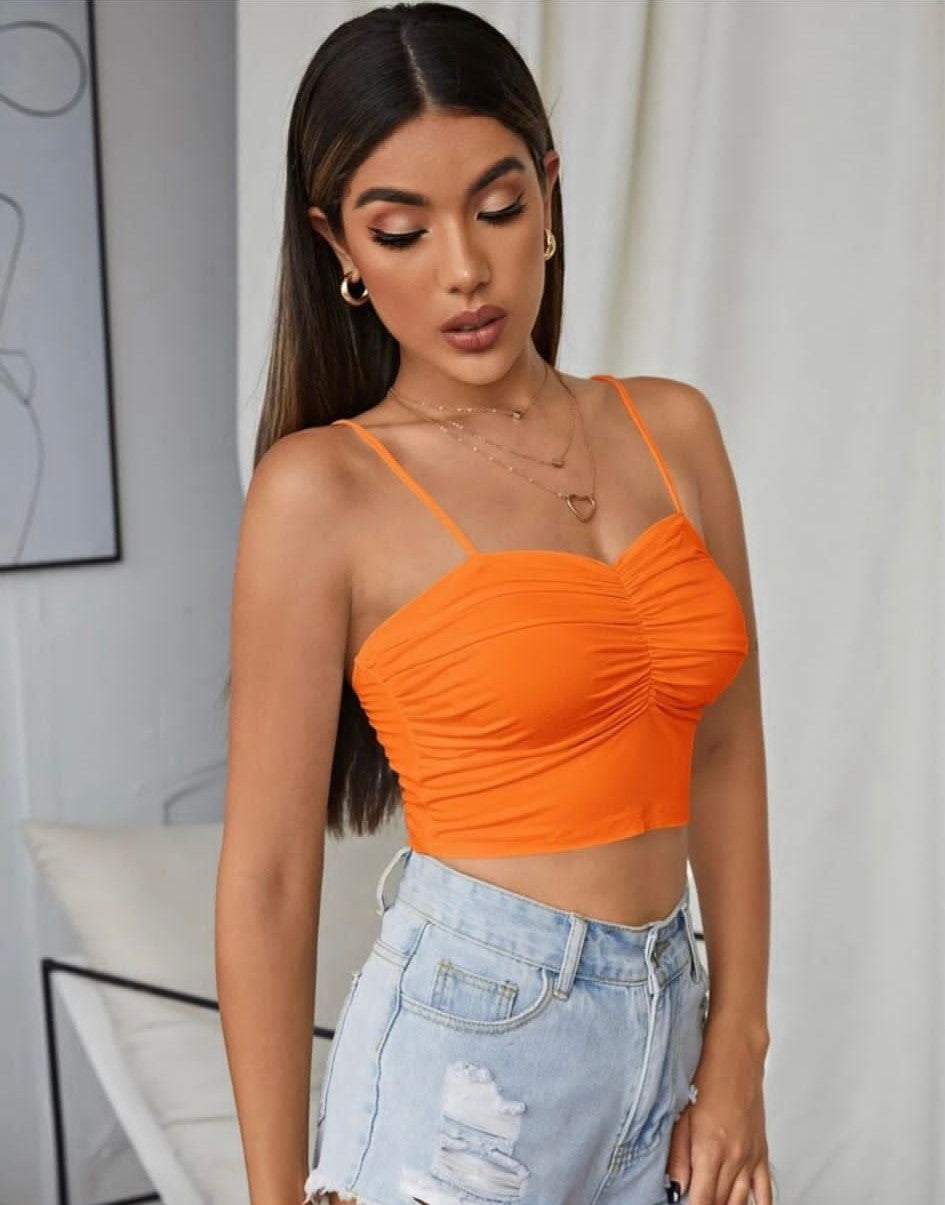 Orange thin strap ruched crop top