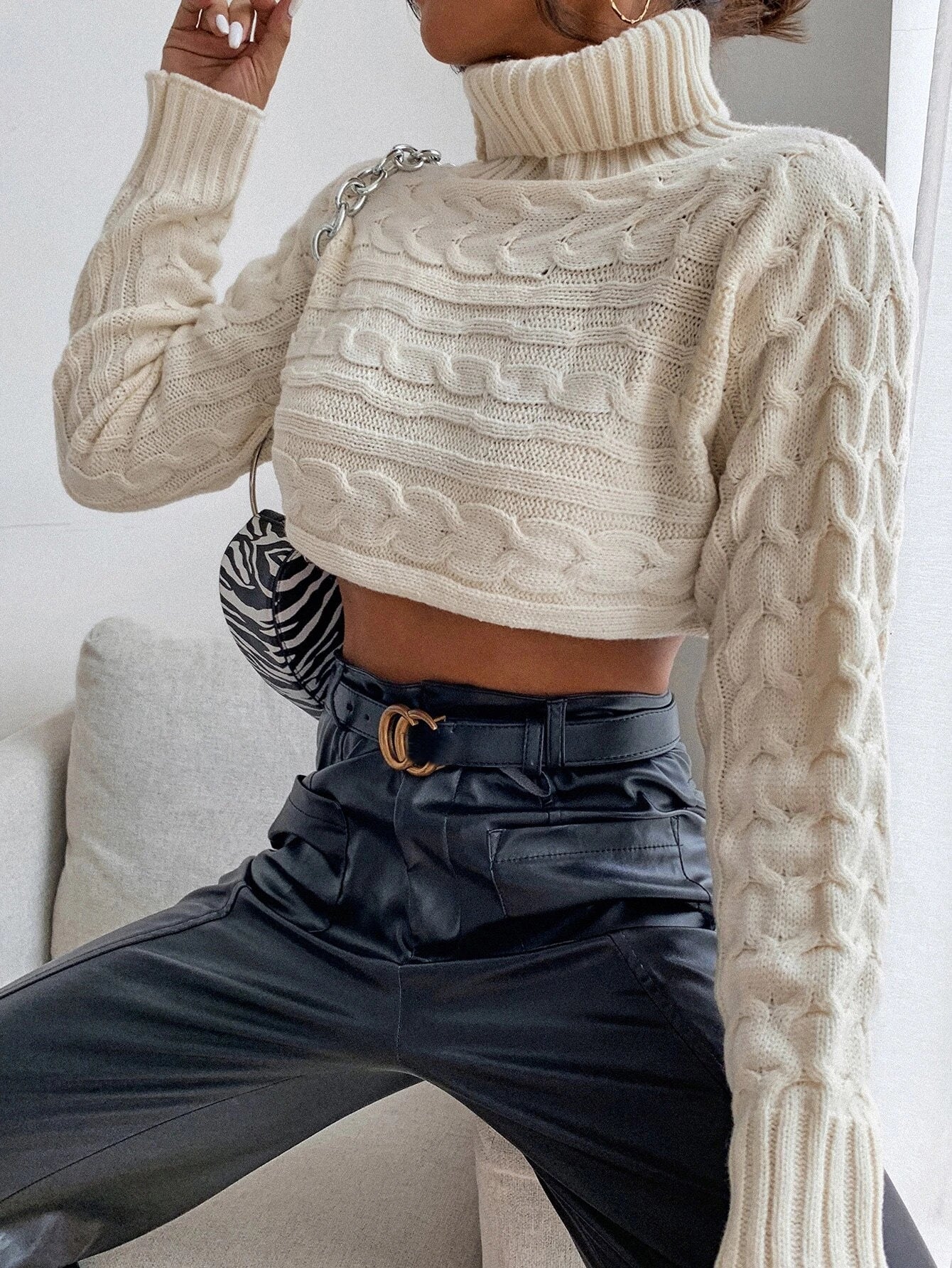 Cream knitted roll neck jumper