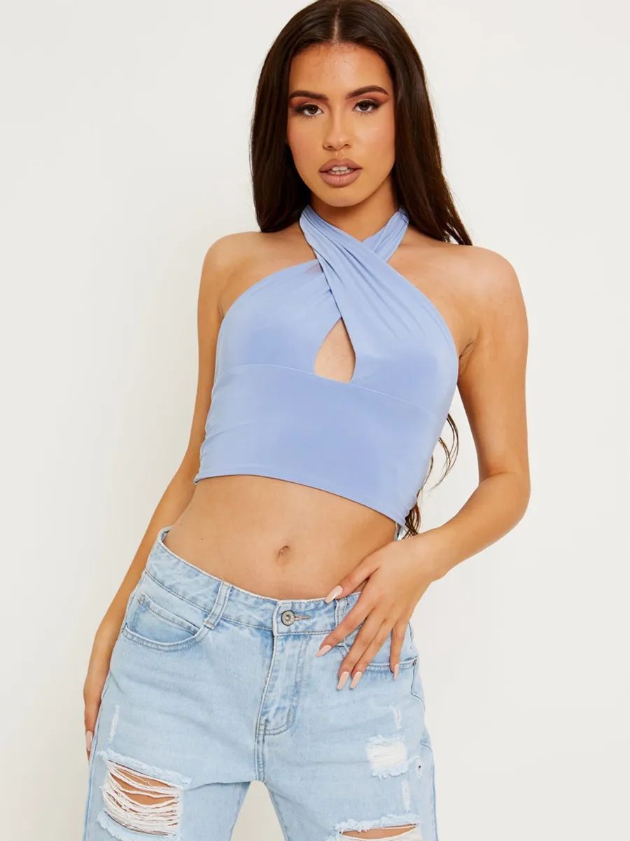 baby blue cross over crop top