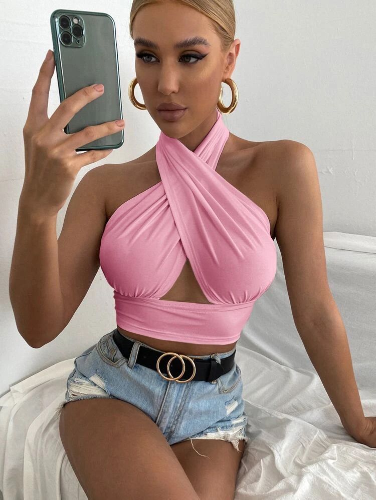 baby pink cross over crop top