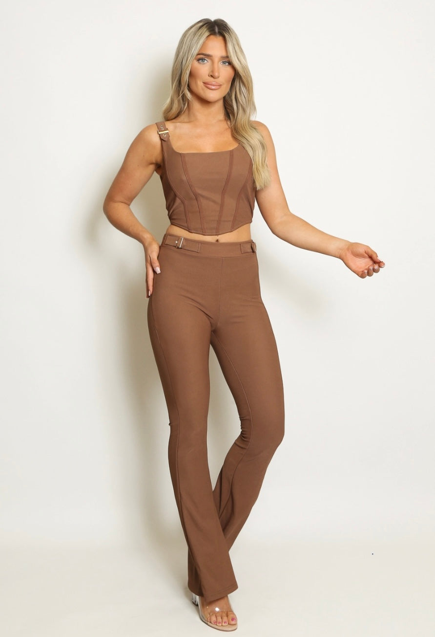 Beige buckle corset top and flared trousers two piece