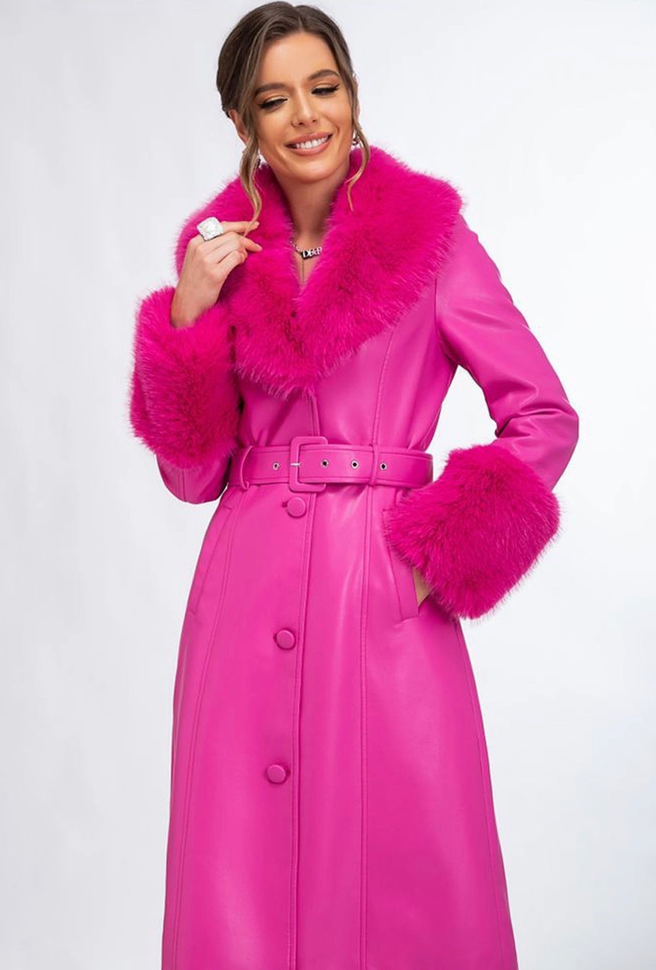 Pink faux fur trim belted trench coat