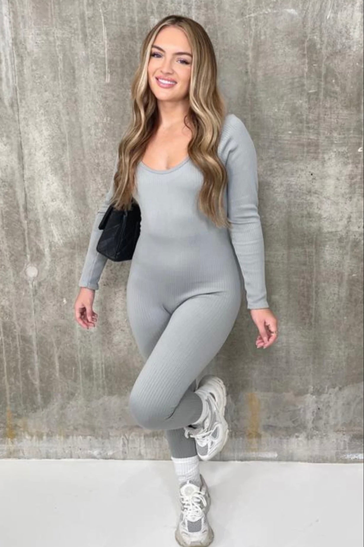 Grey Long sleeve ribbed bodycon jumpsuit