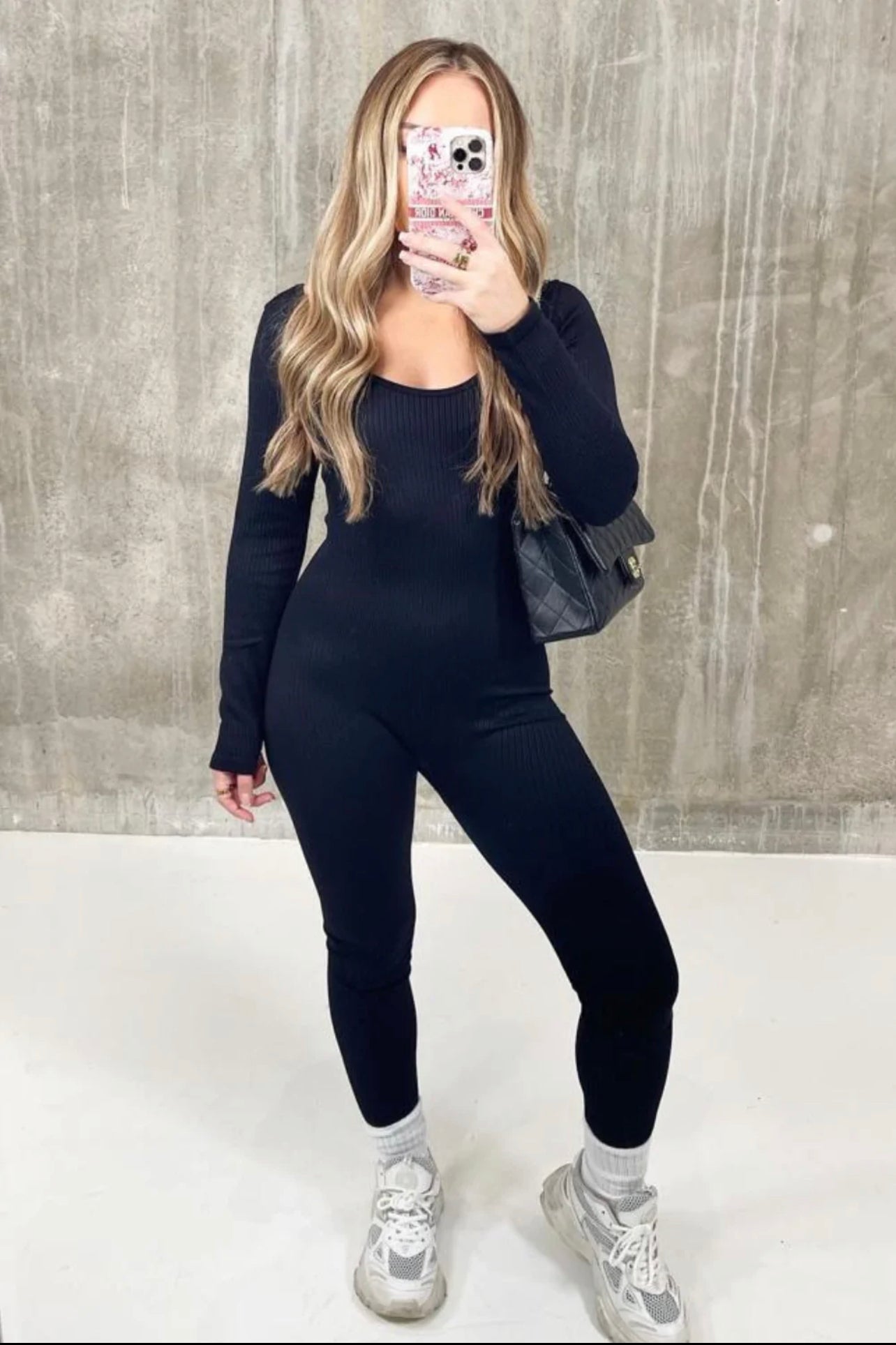 Black Long sleeve ribbed bodycon jumpsuit