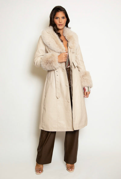 Oat faux fur trim belted trench coat