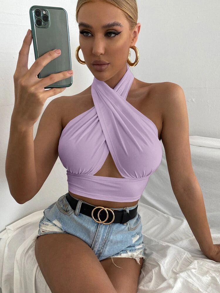 light purple cross over crop top